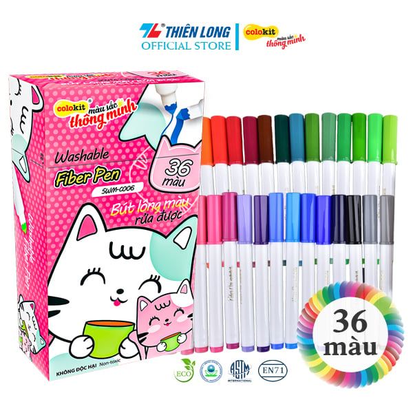 Bút lông 36 màu Fiber Pen Washable - Nét mảnh nét to - Colokit SWM-C006