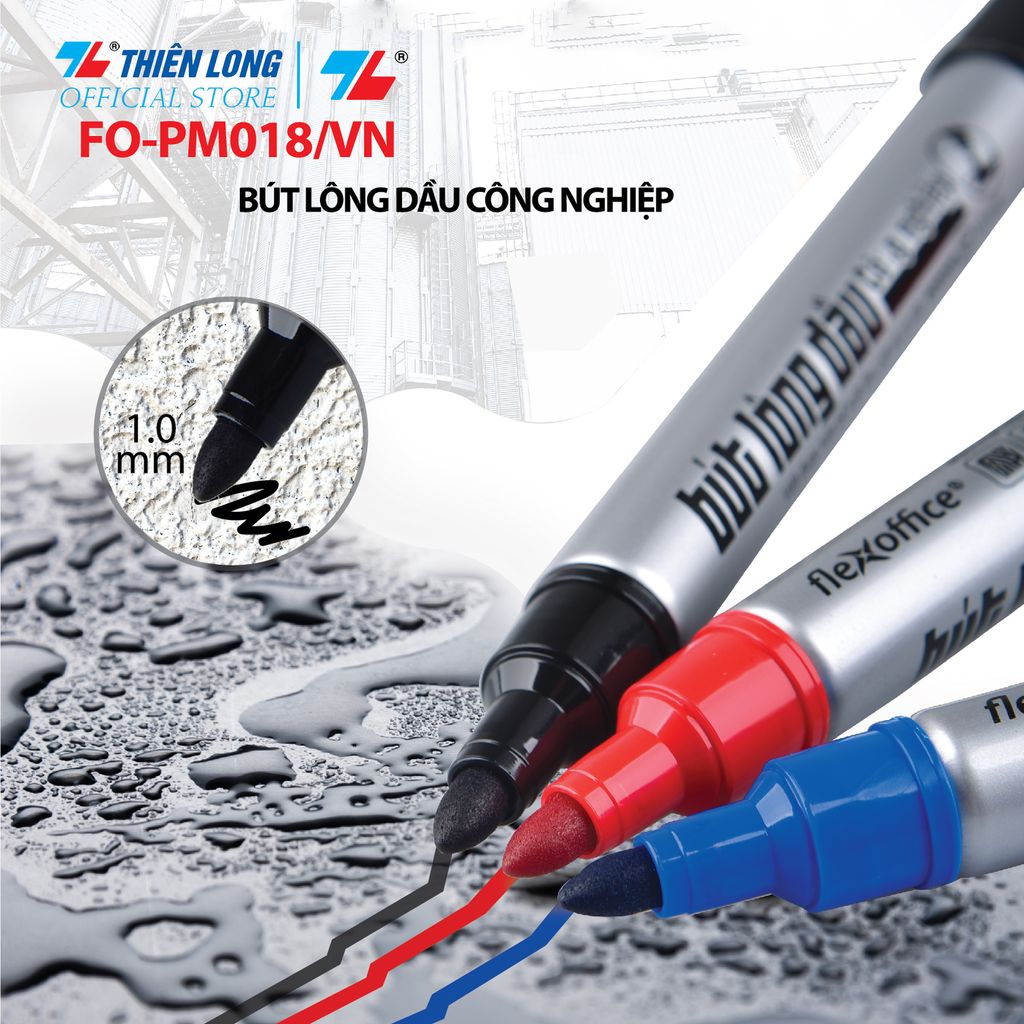 Bút lông dầu công nghiệp Thiên Long Flexoffice FO-PM018/VN - Viết trên mọi bề mặt chất liệu - Mực hệ dung môi, khó bôi xóa khi khô
