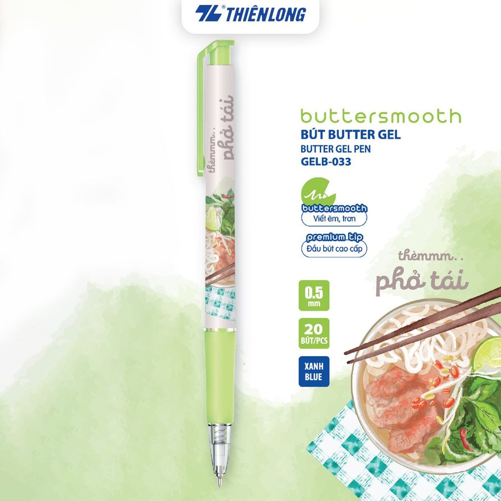 [BST] Bút gel B - Buttersmooth Gel Thiên Long - Premium Tip viết êm, trơn - Mực Xanh - Phiên bản Món ngon Việt Nam