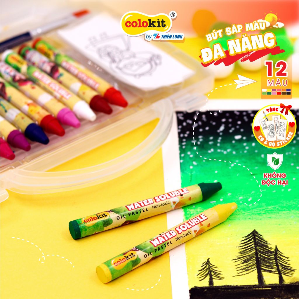 Bút sáp đa năng 12 màu rửa được Colo Art Thiên Long Colokit - WSO-C001- Sáng tạo tranh nổi - Vừa là sáp màu - Vừa là màu nước - Tiêu chuẩn châu Âu