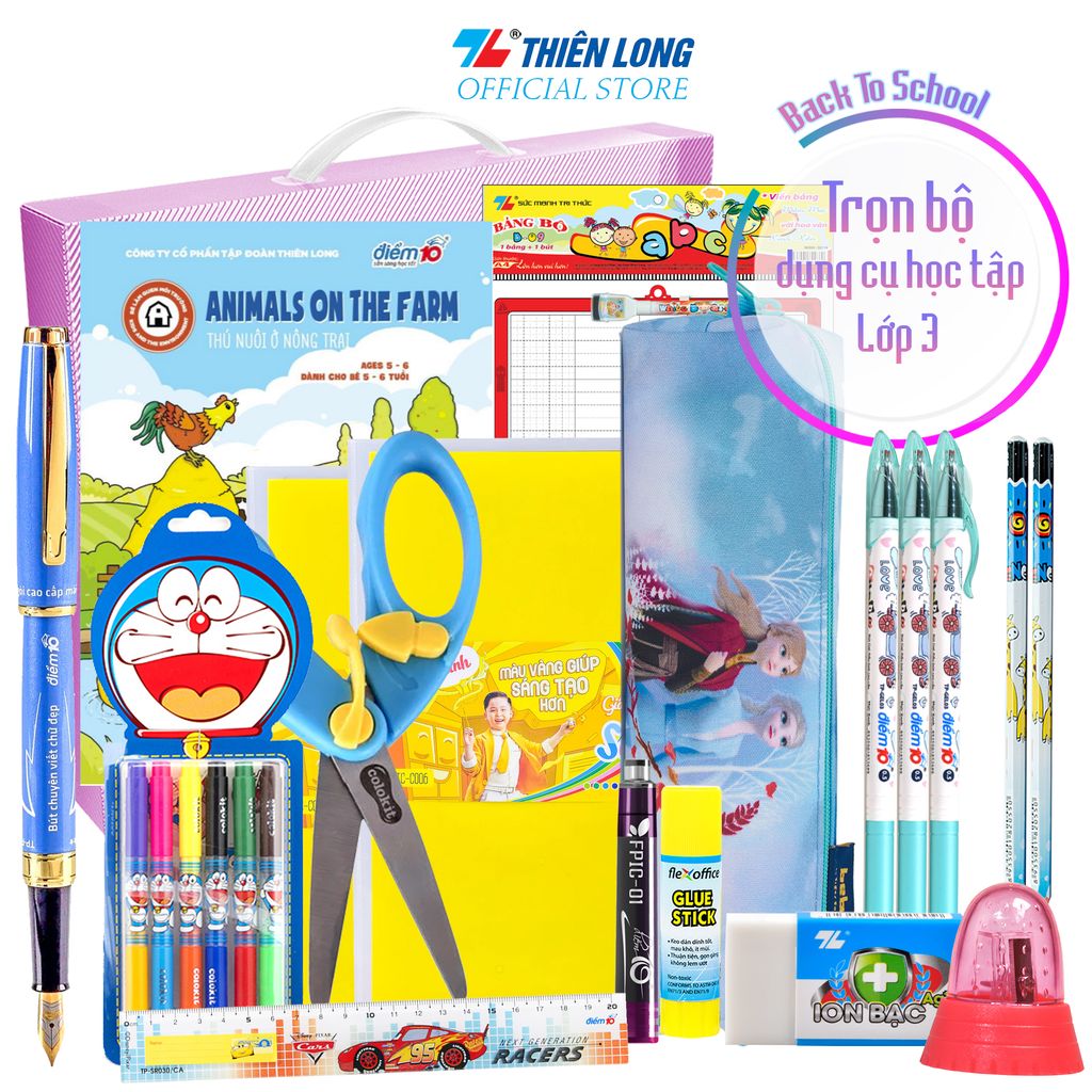 [Combo Cấp 1] Trọn Bộ Dụng Cụ Học Tập Lớp 3 - Nhập Học Năm Mới 2023 - 15 Món (Hộp đựng bút, Bút máy, Thước thẳng,...)