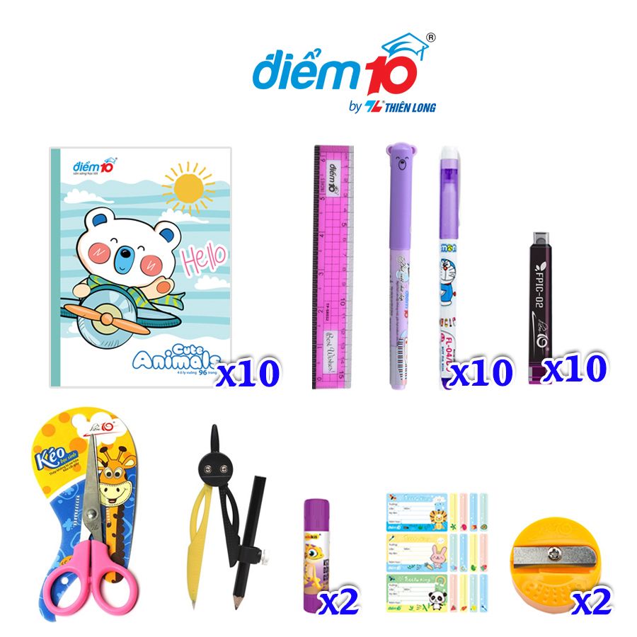 [Combo Cấp 1] Bộ Combo chăm chỉ đến trường - 10 Món  + Tặng cặp tiện lợi