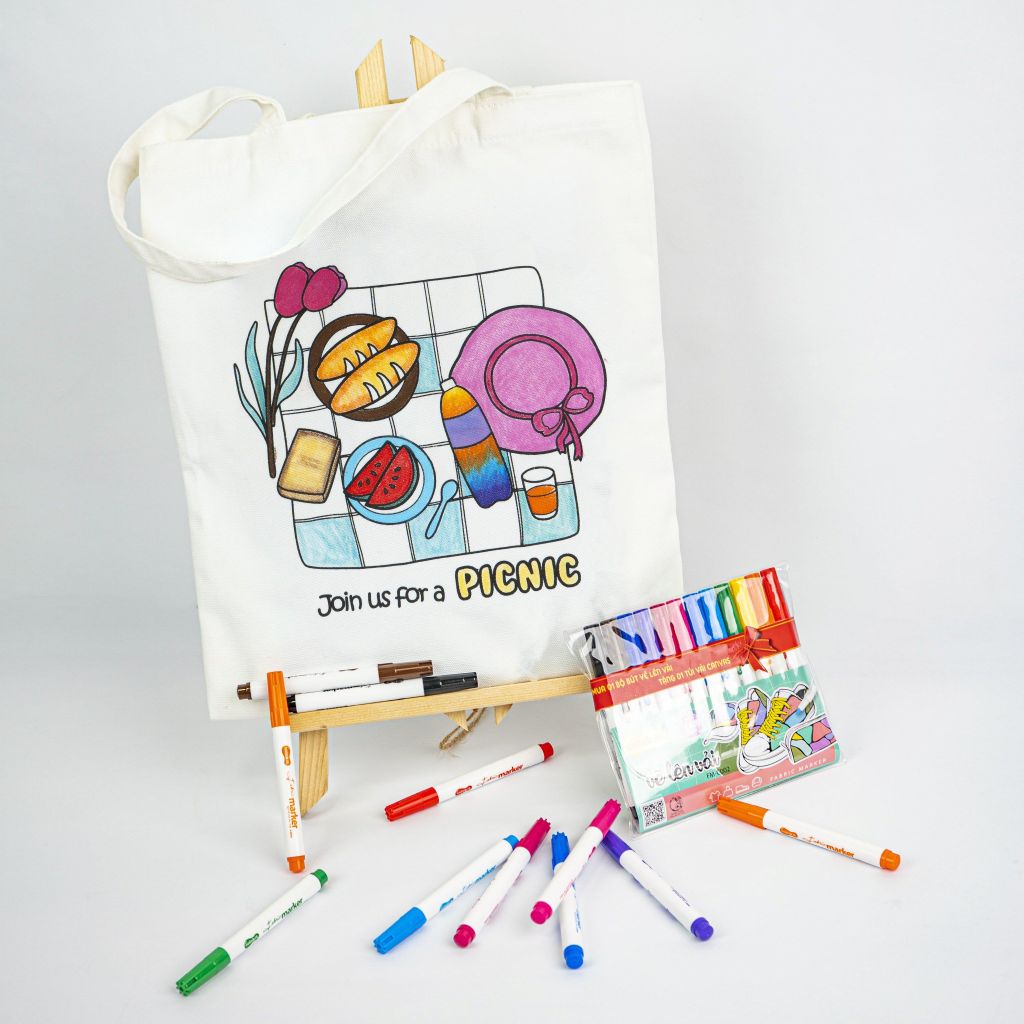 Combo Túi Canvas và Bộ 12 màu bút vẽ lên vải - Túi in hình mẫu chưa tô