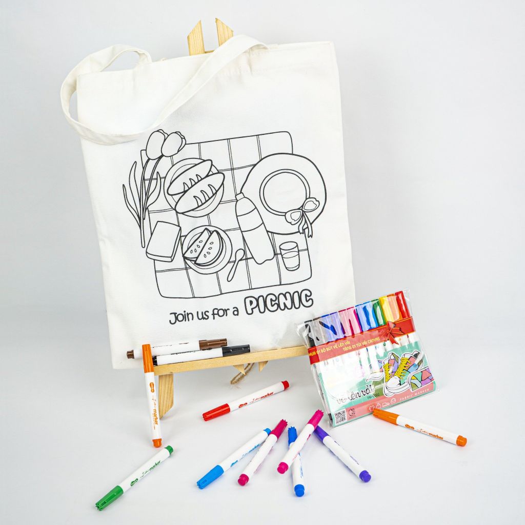 Combo Túi Canvas và Bộ 12 màu bút vẽ lên vải - Túi in hình mẫu chưa tô