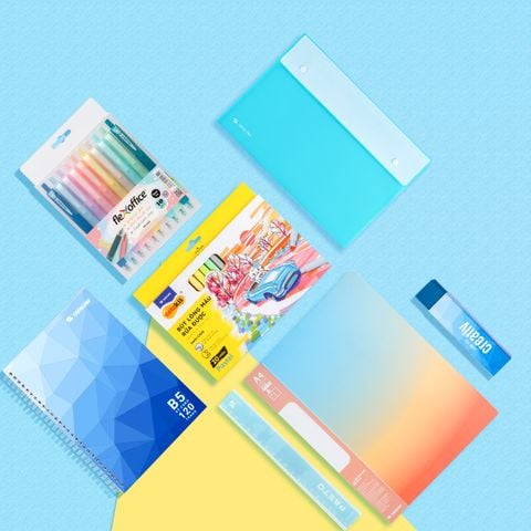 Combo Xanh pastel dịu mát 07 món - Bộ dụng cụ học tập tiết kiệm (Lưu trữ tài liệu, sổ, bút màu, bút trang trí)