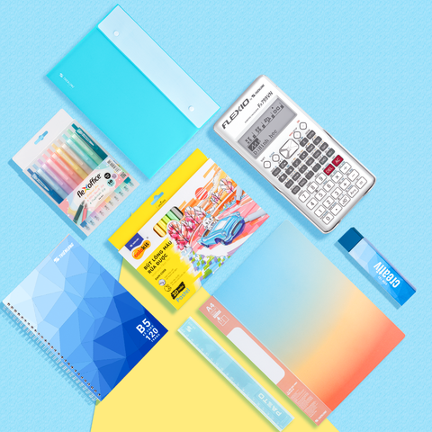 Combo Xanh pastel dịu mát 08 món - Bộ dụng cụ học tập gồm Máy tính cầm tay Hot trend, sổ, bút trang trí, gôm, thước