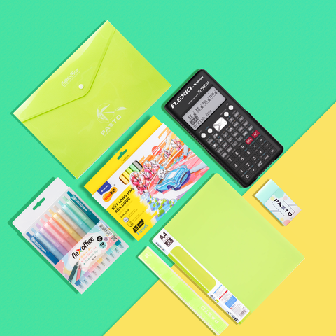 Combo Xanh lá tươi mát 08 món - Bộ dụng cụ học tập gồm Máy tính cầm tay Hot trend, sổ, bút trang trí, gôm, thước, bìa tài liệu