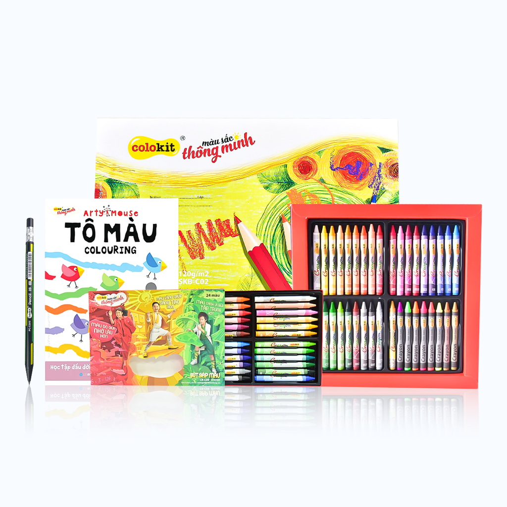 Combo Mỹ thuật SẮC MÀU - 5 Món (Vở vẽ A3, Bút chì gỗ 2B, Bút sáp màu, Bút sáp dầu, Sách tương tác)