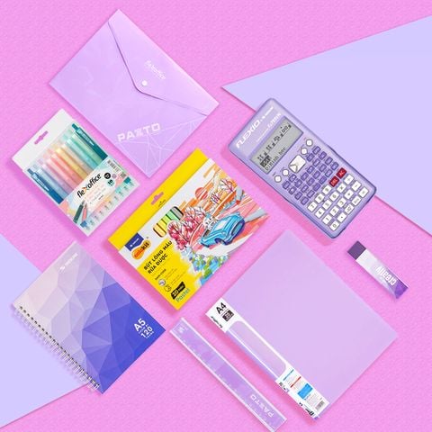 Combo Tím pastel 08 món - Bộ dụng cụ học tập gồm Máy tính cầm tay Hot trend, sổ, bút trang trí, gôm, thước, bìa tài liệu