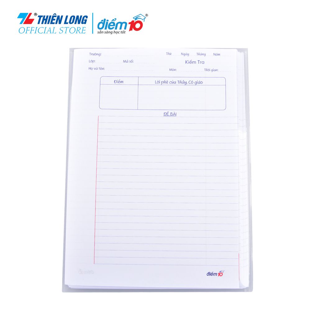 Túi 20 tờ đôi và 6 tờ đơn giấy kiểm tra 70gsm Thiên Long Điểm 10 TP-GKT015 kẻ ngang