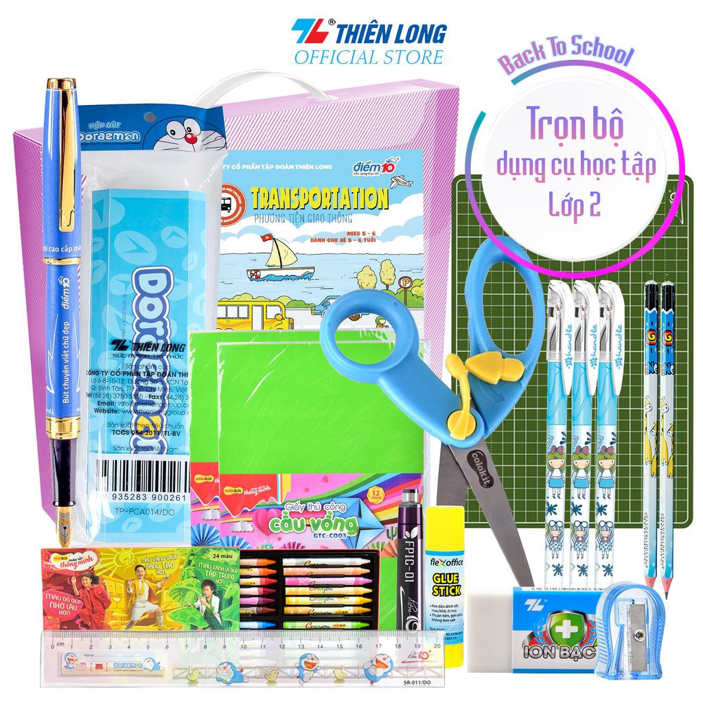 [Combo Cấp 1] Trọn Bộ Dụng Cụ Học Tập Lớp 2 - 15 Món (Hộp đựng bút, Bút máy, Bút gel xoá được,...)