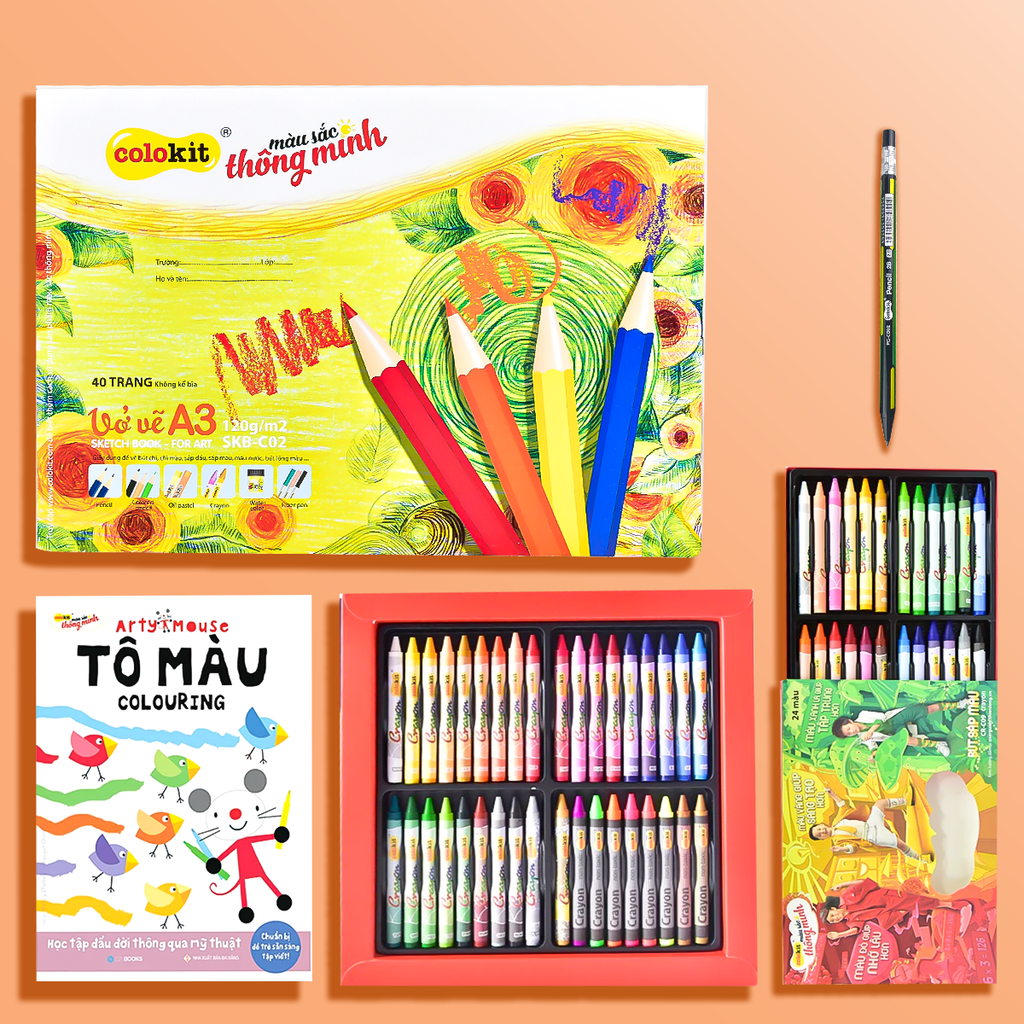 Combo Mỹ thuật SẮC MÀU - 5 Món (Vở vẽ A3, Bút chì gỗ 2B, Bút sáp màu, Bút sáp dầu, Sách tương tác)