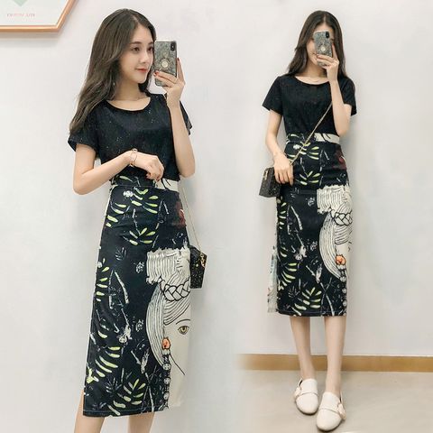  Set Áo T-Shirt & Váy Bút Chì In Họa Tiết 5333 