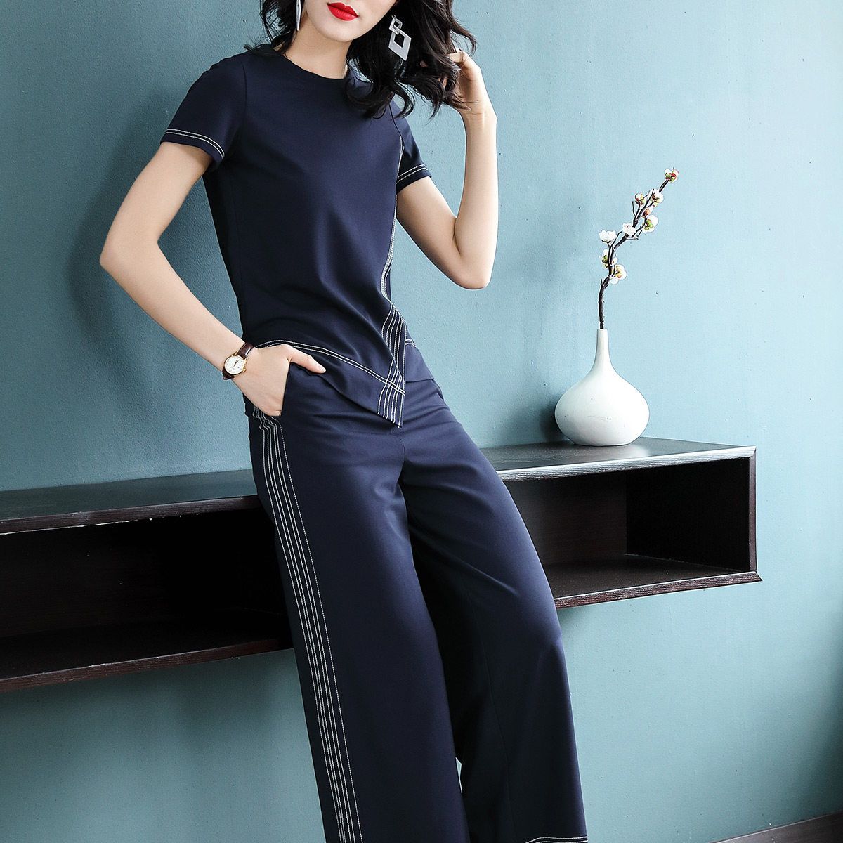 Set T-Shirt & Quần Ống Rộng Culottes Kẻ Viền 5558