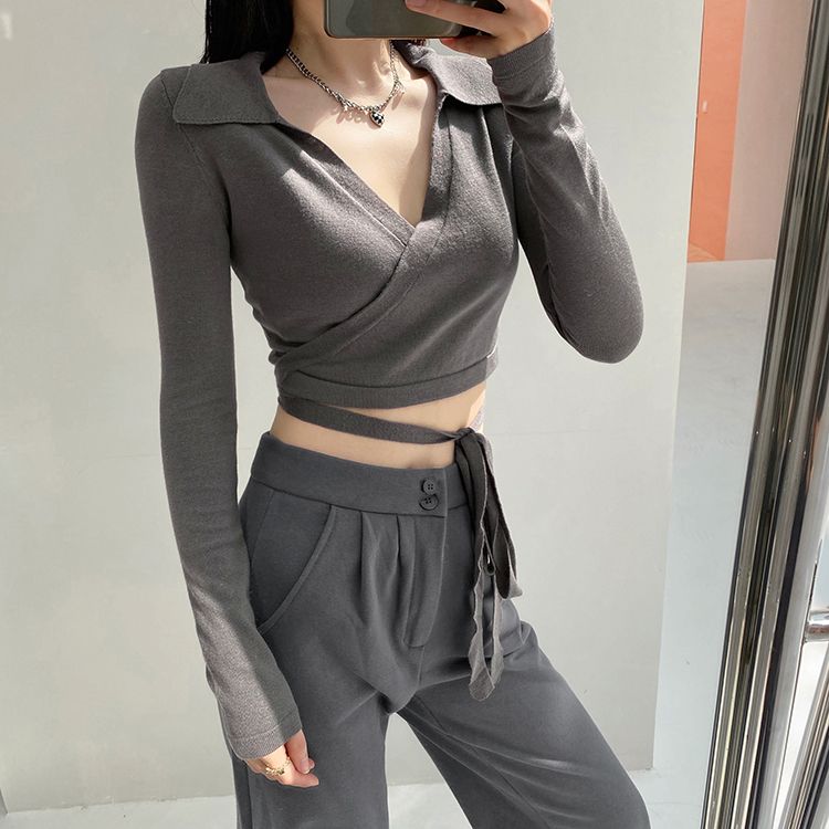 Áo Croptop Tay Dài Vạt Chéo 6578 (4 Màu)