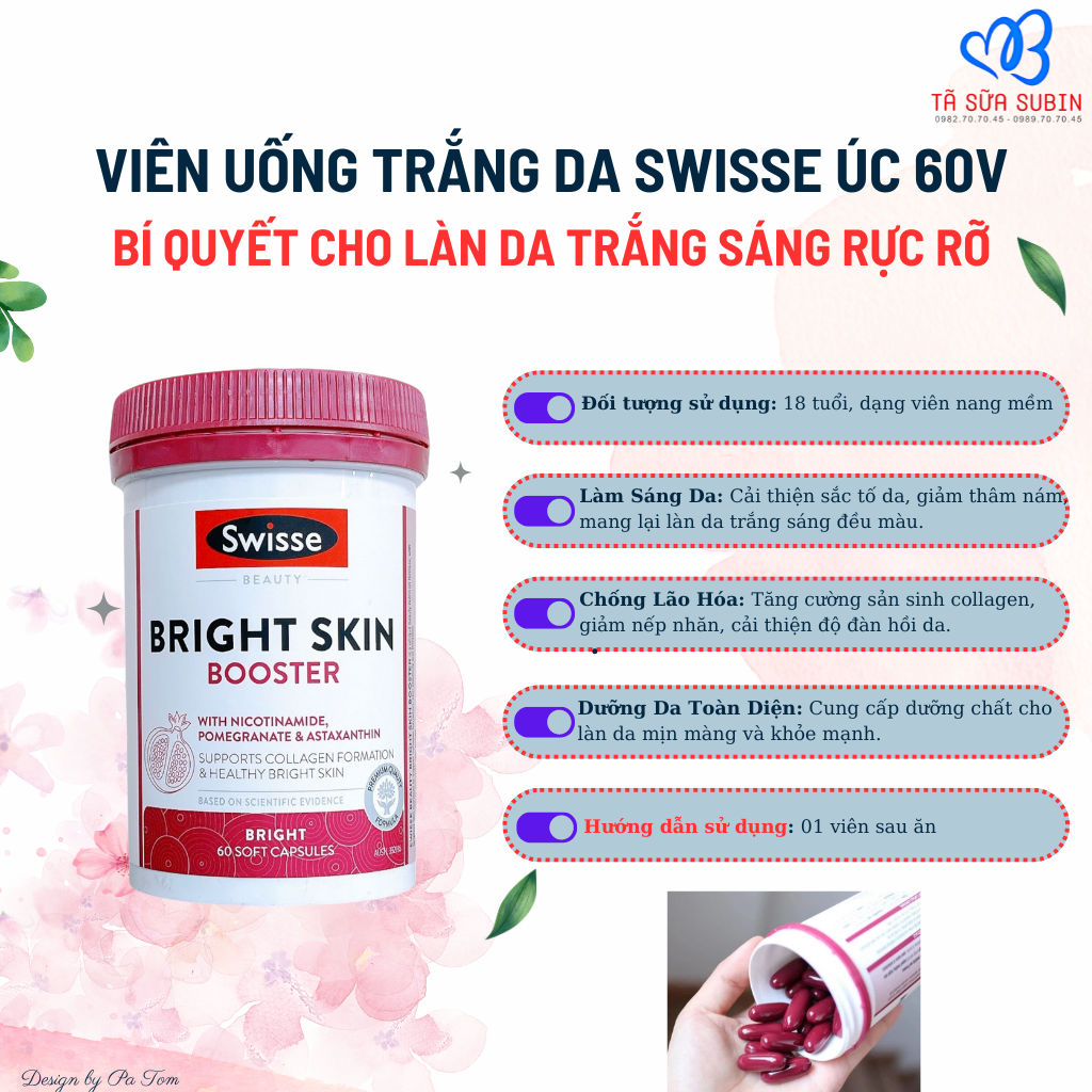 Viên uống trắng da Swisse Beauty Bright Skin Booster úc 60 viên