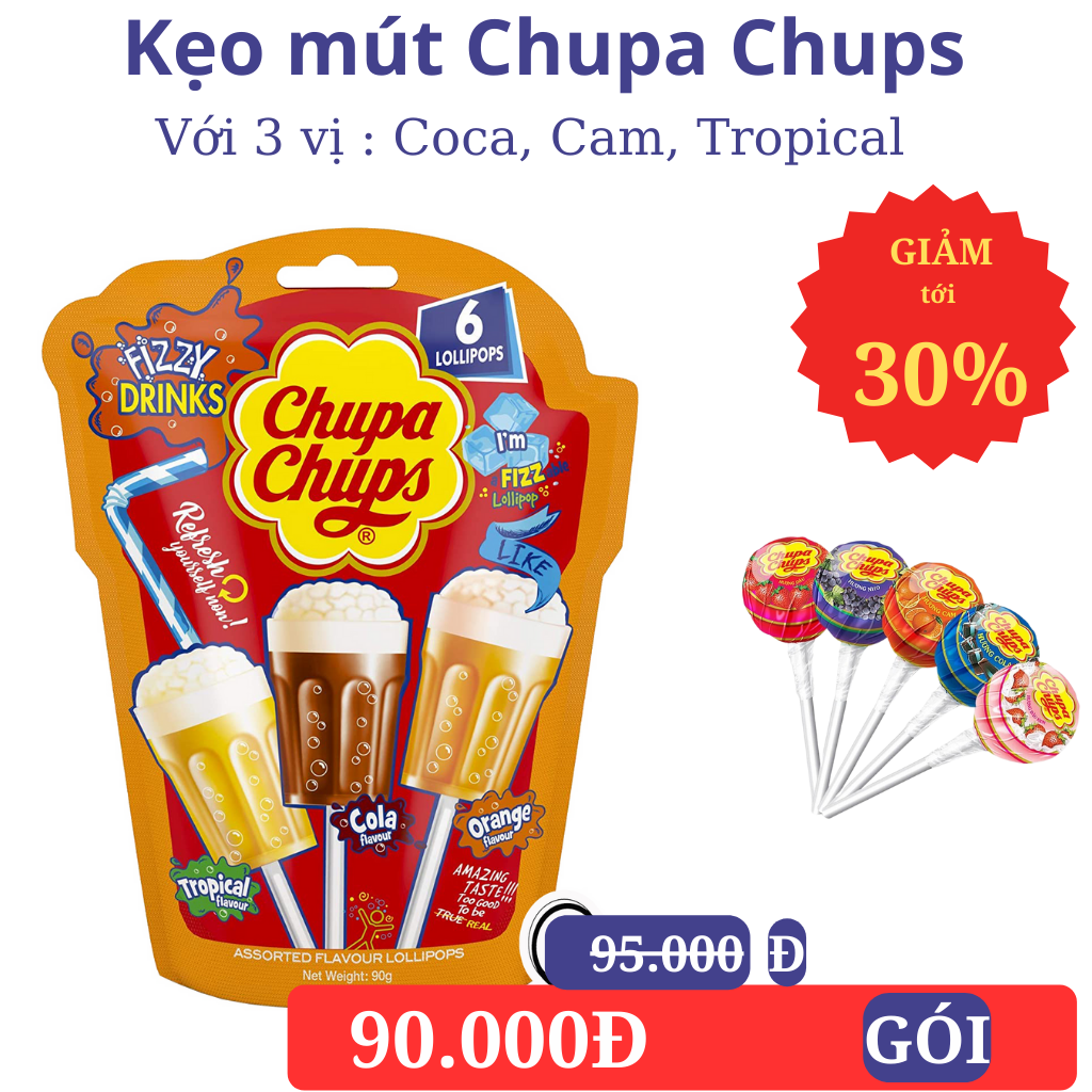Kẹo Mút Chupa Chups Fizzy Drinks Candy Hàn Quốc 90gr Vị Coca và Cam