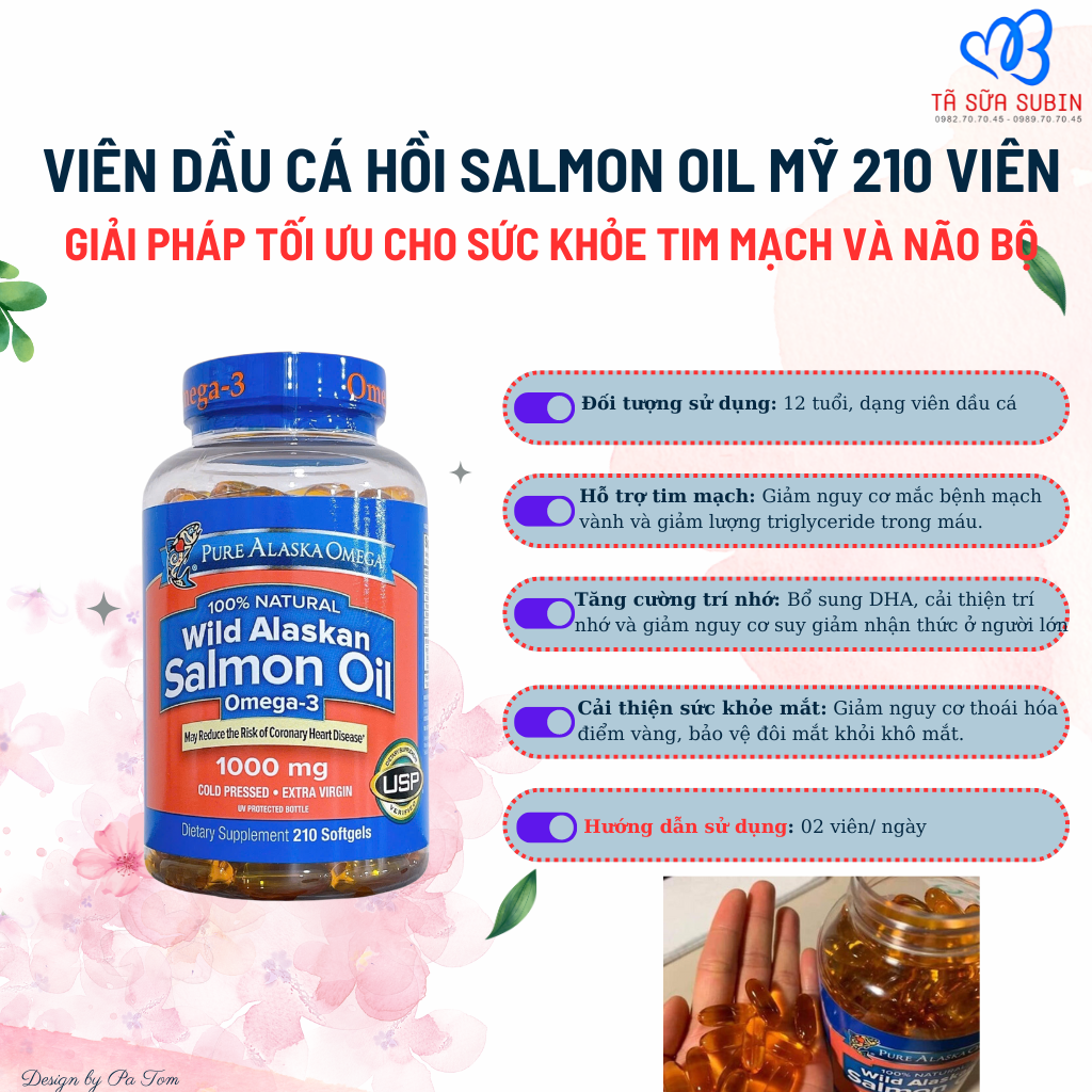 Viên dầu cá hồi Pure Alaska Omega-3 Wild Salmon Oil 1000mg Mỹ 210 viên