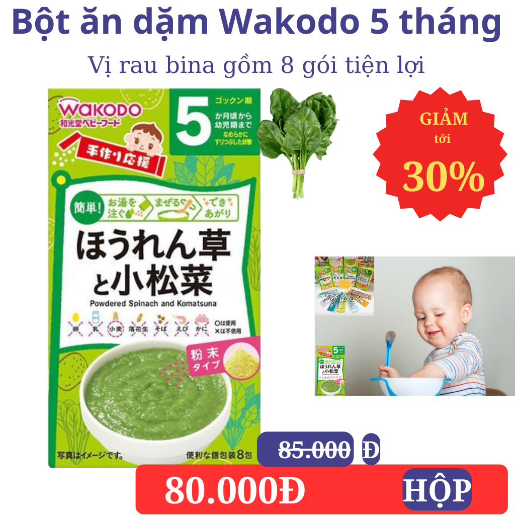 Bột ăn dặm wakodo nhật bản 5 tháng vị rau bina