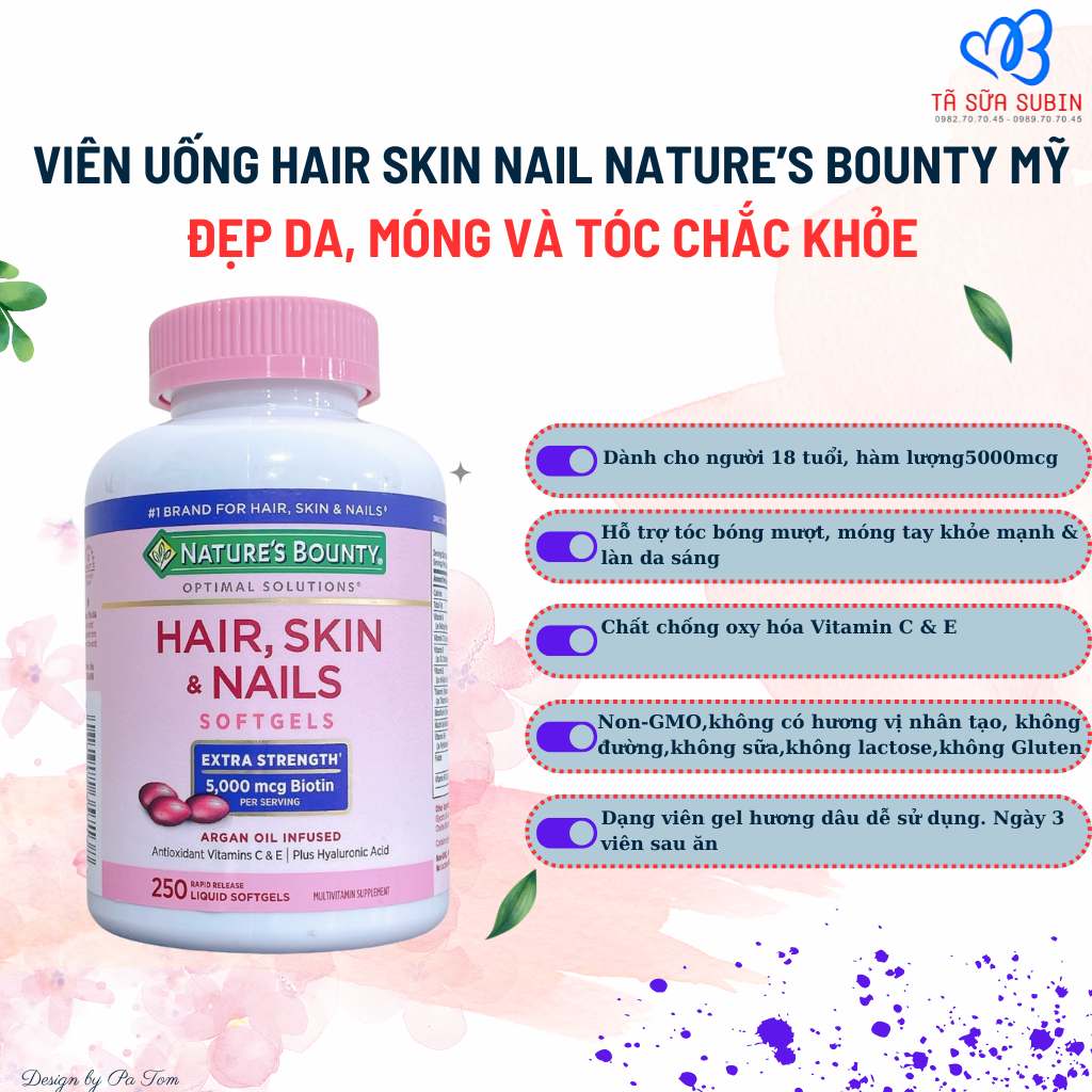 Viên uống đẹp da móng tóc hair skin nail nature's bounty 5000mcg Mỹ 250 viên