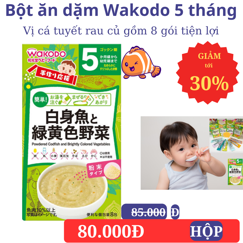 Bột ăn dặm wakodo Nhật Bản 5 tháng vị cá tuyết rau củ