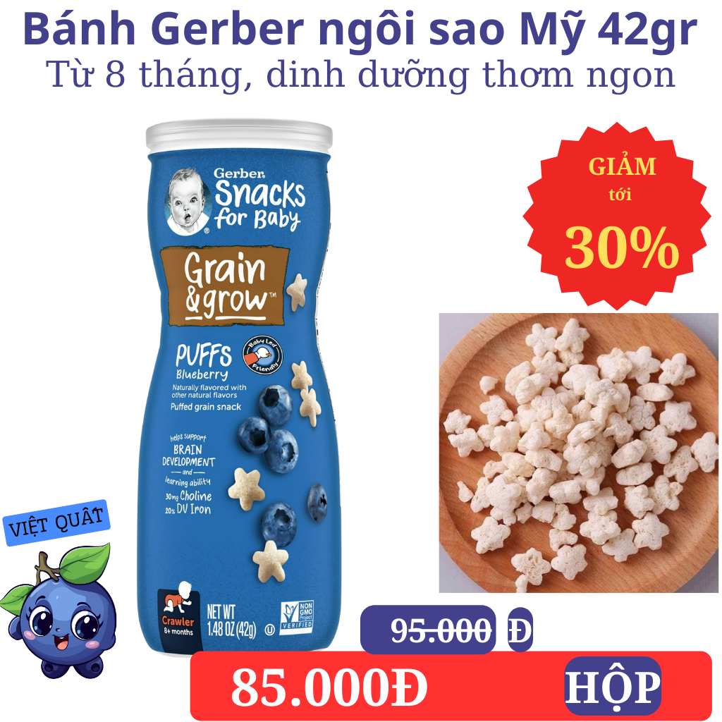Bánh gerber ngôi sao puffs Mỹ 42gr vị việt quất