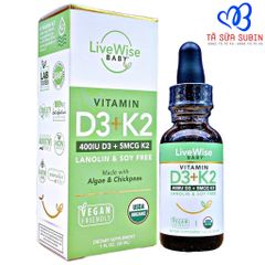 Vitamin D3 và K2 Hữu Cơ LiveWise Baby Mỹ 30ml