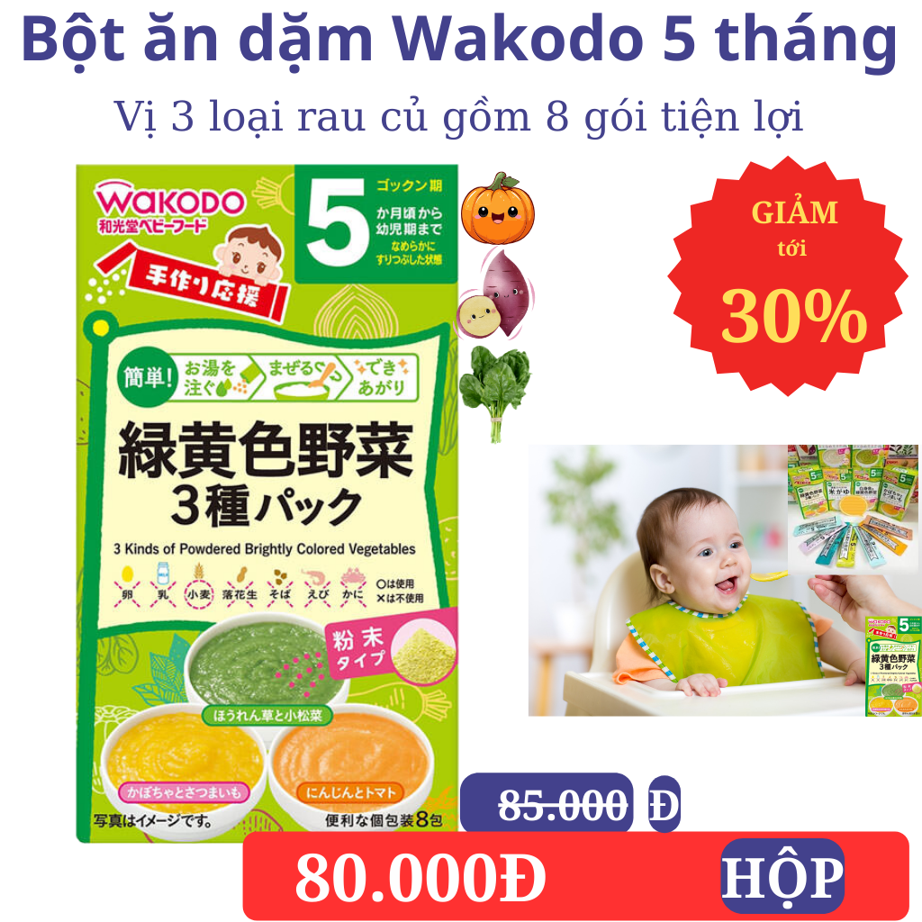 Bột ăn dặm wakodo Nhật bản 5 tháng vị 3 chén