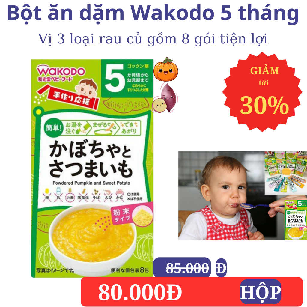 Bột ăn dặm wakodo Nhật Bản 5 tháng vị bí đỏ khoai lang