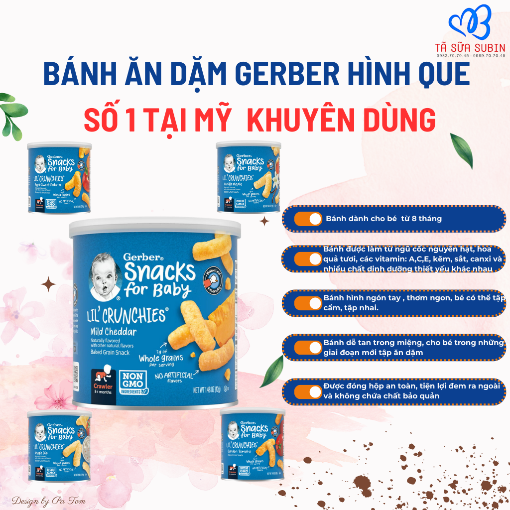 Bánh Ăn Dặm Gerber Lùn Crunchies Mỹ 42gr Hình Que Cho Bé 8 Tháng