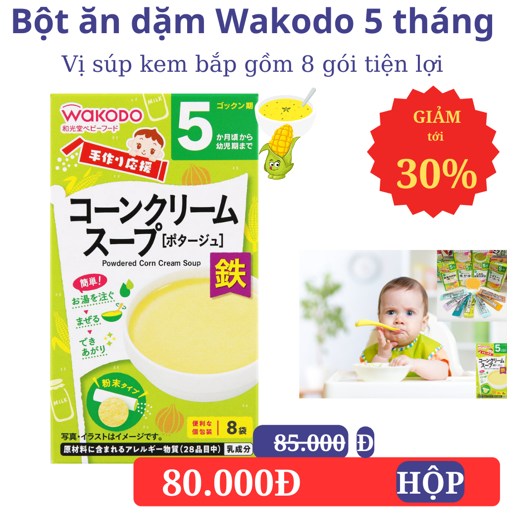 Bột ăn dặm wakodo Nhật Bản 5 tháng vị súp kem bắp