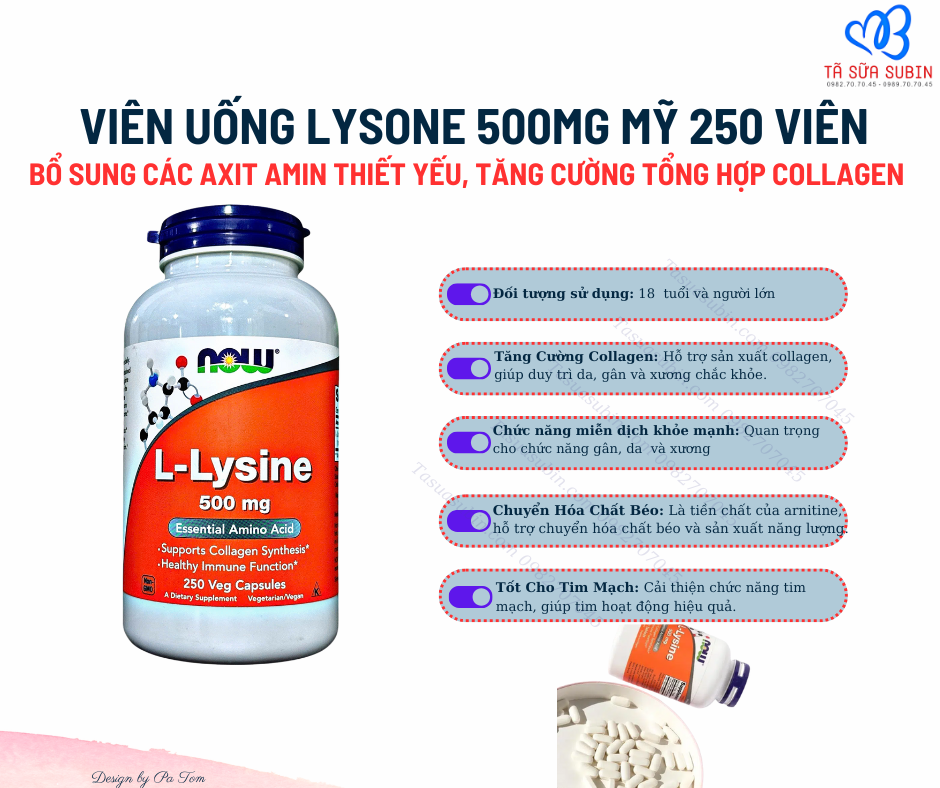 Viên uống hỗ trợ miễn dịch, tăng sinh Collagen Now L-Lysine 500mg Mỹ 250 viên