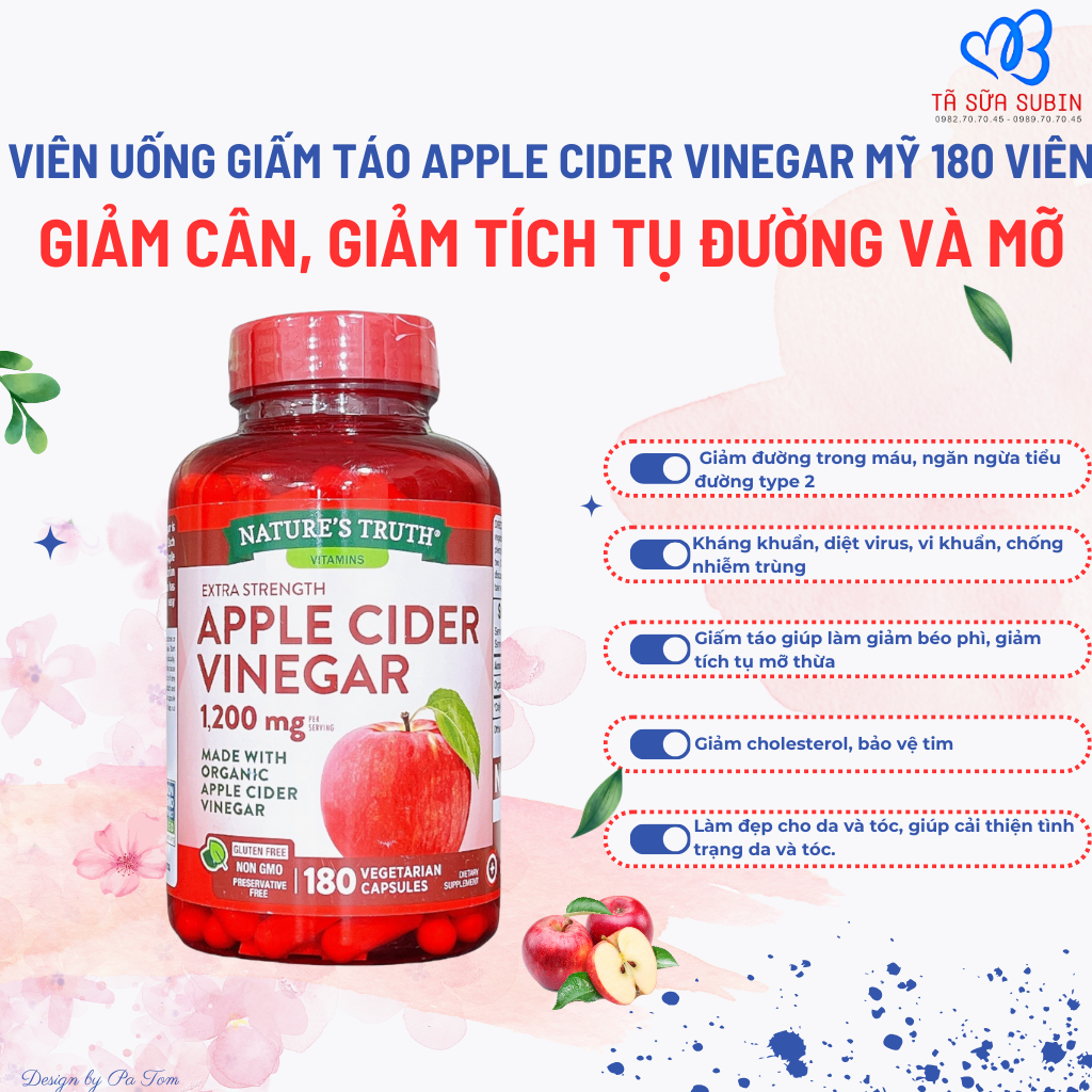 Viên Uống Giấm Táo Apple Cider Vinegar Mỹ 180 Viên (1.200mg)