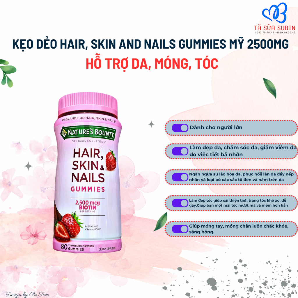 Kẹo dẻo Hair, Skin and Nails Gummies Mỹ 2500mg