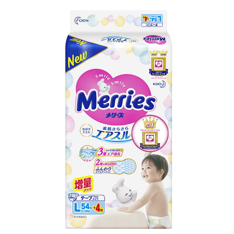 Tã Dán Merries Hàng Nội Địa Nhật Size L54 + 4 (9-14 ký)