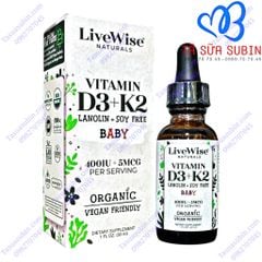 Vitamin D3 và K2 Hữu Cơ LiveWise Baby Mỹ 30ml