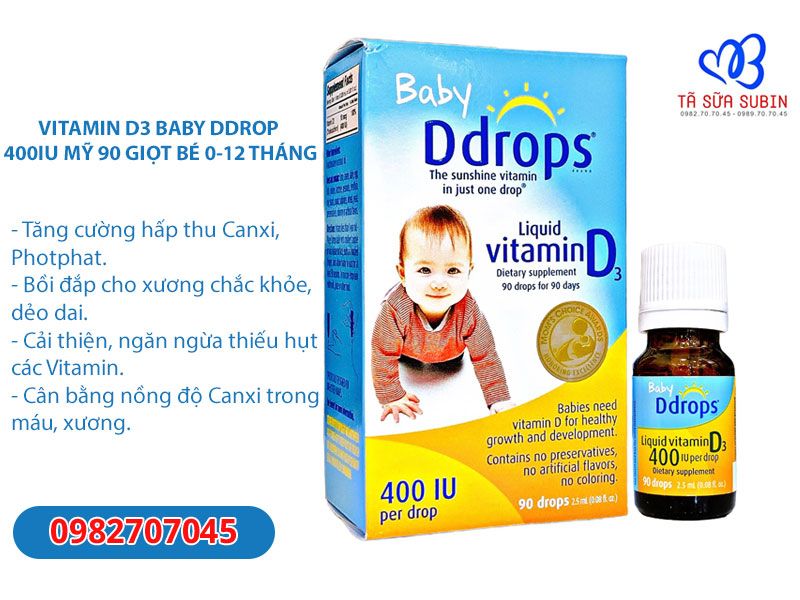 Vitamin D3 Baby Ddrops 400IU Mỹ 60-90 Giọt Cho Bé 0 -12 Tháng