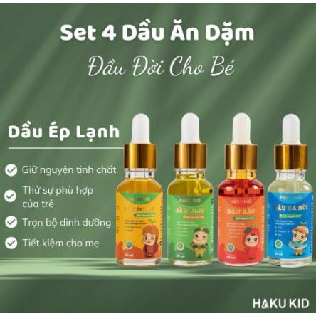 Set 4 Dầu Ăn Dinh Dưỡng Hakukid Hạt Óc Chó, Gấc, Olive, Cá Hồi