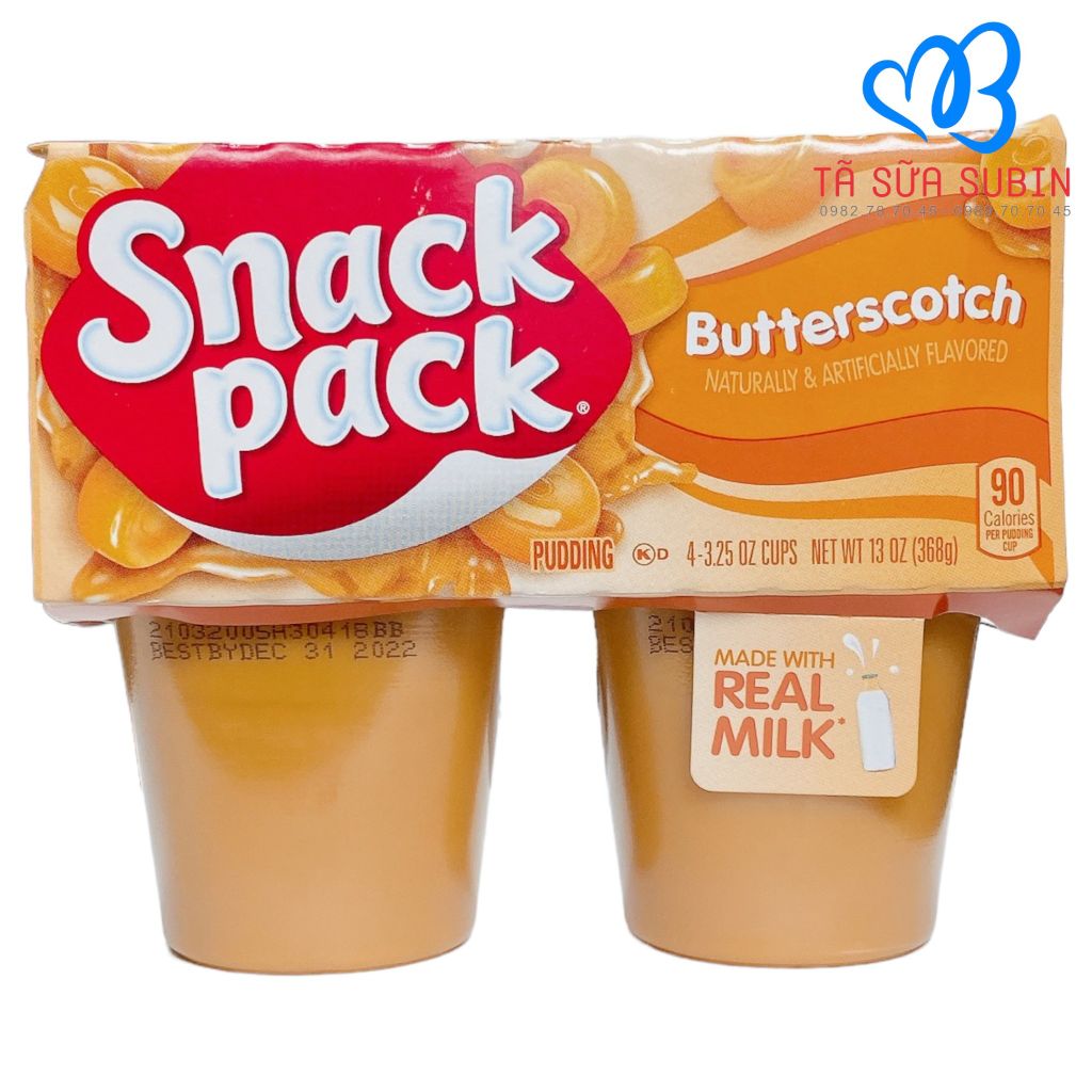 Lốc 4 hộp Váng Sữa Snack Pack Pudding Butterscotch Mỹ 368gr Vị Caramel