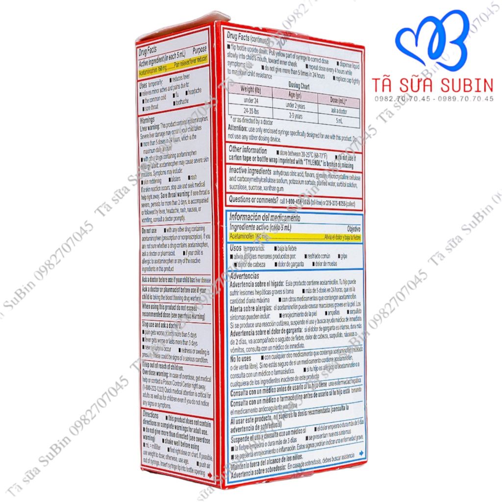 Siro giảm đau hạ sốt Infant Tylenol (160mg per 5ml) Mỹ 60ml Tã Sữa SuBin