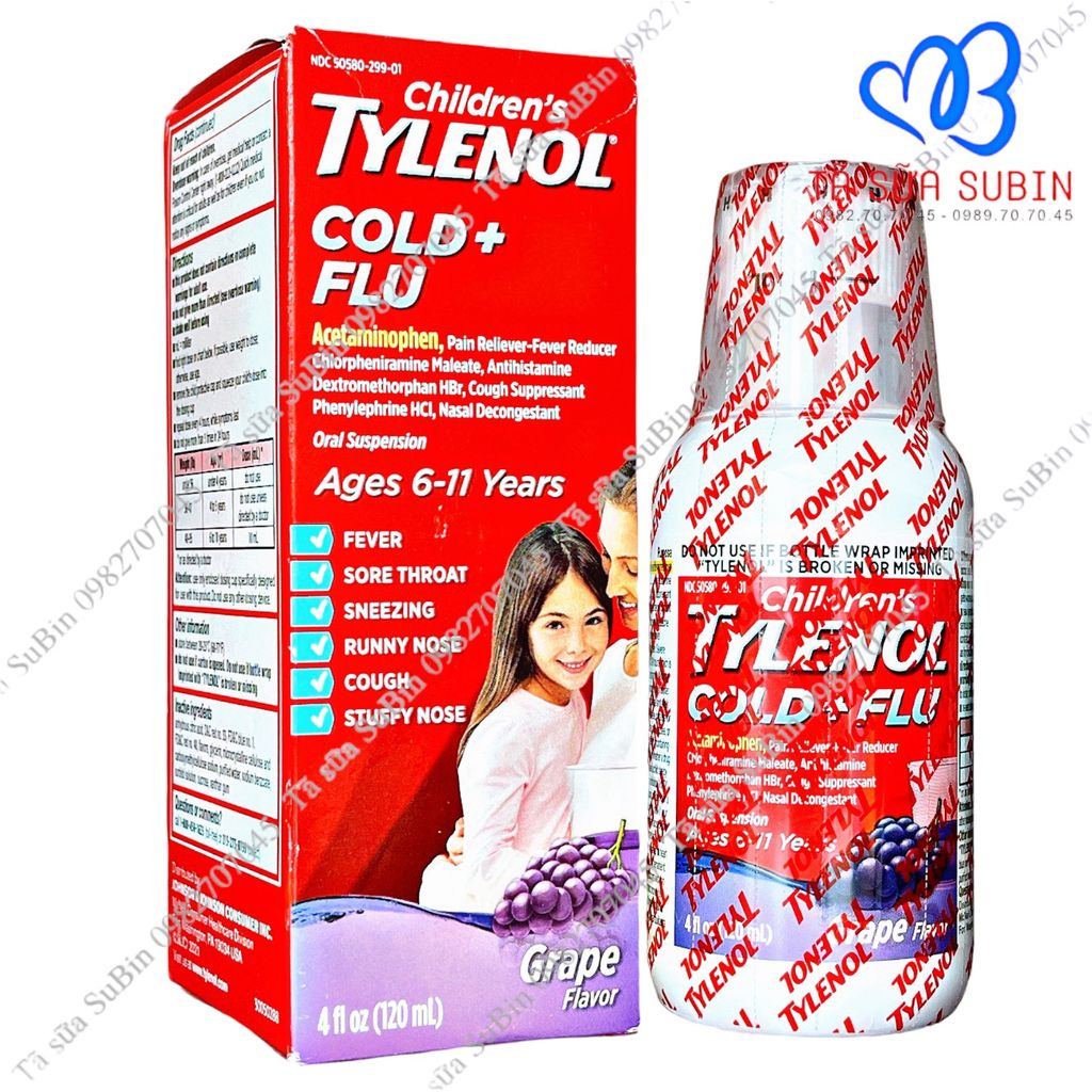 Siro Cảm Cúm Tylenol Children’s Tylenol Cold + Flu Mỹ 120ml Vị Nho( 6-11 Tuổi)