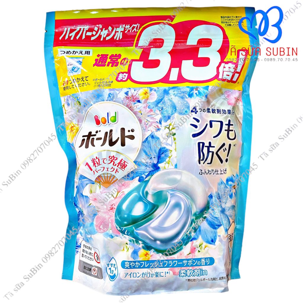 Viên Giặt Xả Quần Áo Gel Bold Nhật 3D Hương Hoa Xanh (36 Viên) Tã Sữa