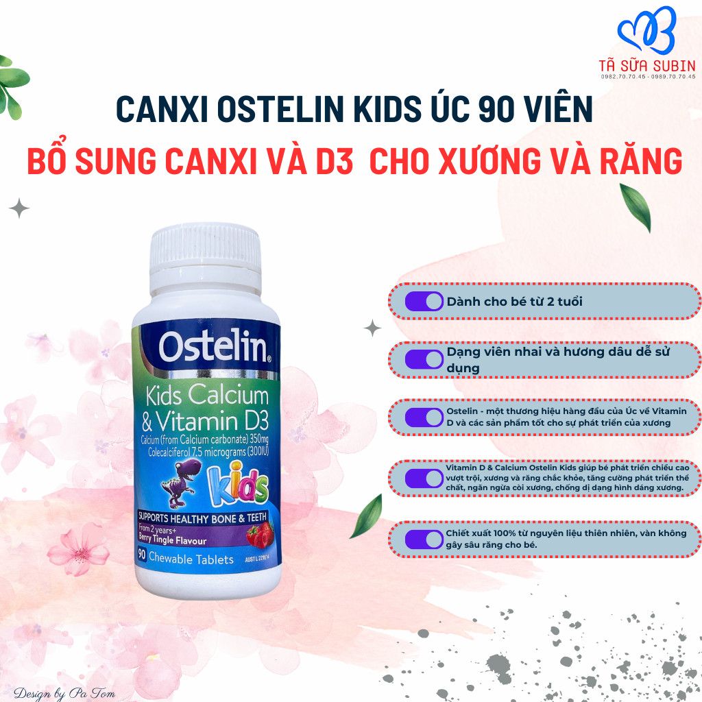 Viên Canxi Và Vitamin D3 Kids Calcium & Vitamin D3 Ostelin Úc 90 Viên Cho Bé 2-13 Tuổi