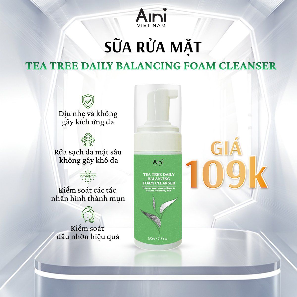  Sữa Rửa Mặt Tạo Bọt Aini Tea Tree Daily Balancing Foam Cleanser 100ml 