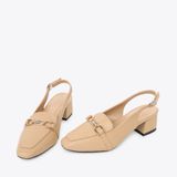  Giày Cao Gót Sling Back Khóa Gài Viền Xích Đính Xoàn PQ-9 Kem 