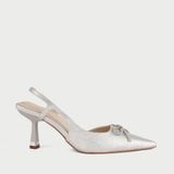  Giày Cao Gót Slingback Mũi Nhọn Đính Nơ MH11 Bạc Kim Tuyến 