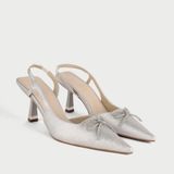  Giày Cao Gót Slingback Mũi Nhọn Đính Nơ MH11 Bạc Kim Tuyến 