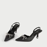  Giày Cao Gót Slingback Mũi Nhọn Đính Nơ MH11 Đen Kim Tuyến 