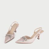  Giày Cao Gót Slingback Mũi Nhọn Đính Nơ MH11 Hồng Kim Tuyến 