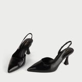  Giày Cao Gót Slingback Mũi Nhọn Da Lì MH12 Đen 